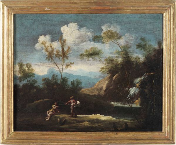 Carlo Antonio Tavella, Ambito di : Paesaggio con cascata e personaggi  - Asta Dipinti antichi - Associazione Nazionale - Case d'Asta italiane