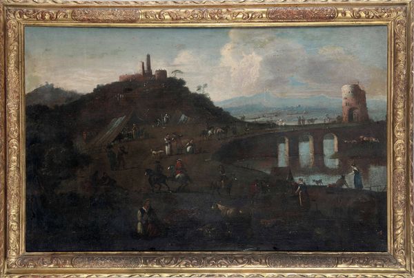 Christian Reder detto Monsù Leandro : Paesaggio con personaggi in riva al fiume e cittadella sullo sfondo  - Asta Dipinti antichi - Associazione Nazionale - Case d'Asta italiane