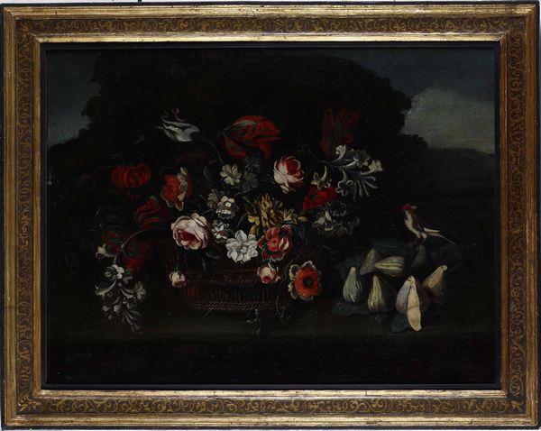 Scuola del XVIII secolo Natura morta con cesto di fiori e uccellino  - Asta Dipinti antichi - Associazione Nazionale - Case d'Asta italiane