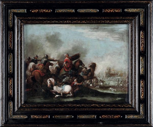 Antonio Calza, Attribuito a : Scontro di cavalleria tra cristiani e turchi  - Asta Dipinti antichi - Associazione Nazionale - Case d'Asta italiane
