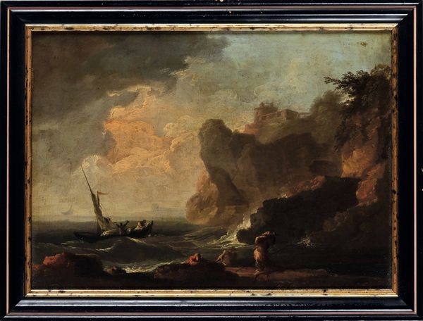 Scuola del XVIII secolo Vedute costiere con figure e velieri  - Asta Dipinti antichi - Associazione Nazionale - Case d'Asta italiane