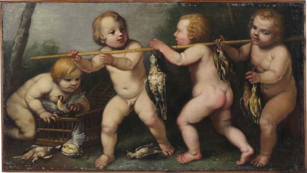 Scuola rudolfina del XVII secolo Giochi di putti  - Asta Dipinti antichi - Associazione Nazionale - Case d'Asta italiane
