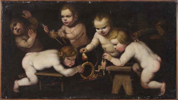 Scuola rudolfina del XVII secolo Giochi di putti  - Asta Dipinti antichi - Associazione Nazionale - Case d'Asta italiane