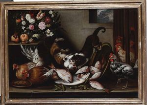 Scuola napoletana del XVIII secolo Natura morta con fiori, frutta, galli, pesci e gatti  - Asta Dipinti antichi - Associazione Nazionale - Case d'Asta italiane