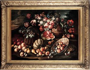 Scuola del XVIII secolo Natura morta con trionfo di fiori e frutti  - Asta Dipinti antichi - Associazione Nazionale - Case d'Asta italiane