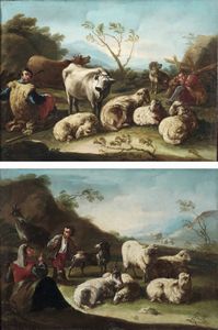 Philipp Peter Roos detto Rosa da Tivoli, Attribuito a - Paesaggi con pastori e armenti