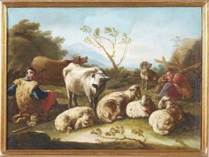 Philipp Peter Roos detto Rosa da Tivoli, Attribuito a : Paesaggi con pastori e armenti  - Asta Dipinti antichi - Associazione Nazionale - Case d'Asta italiane