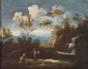 Carlo Antonio Tavella, Ambito di : Paesaggio con cascata e personaggi  - Asta Dipinti antichi - Associazione Nazionale - Case d'Asta italiane