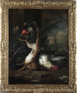William Gowe Ferguson : Natura morta con lepre, gallina e un fucile  - Asta Dipinti antichi - Associazione Nazionale - Case d'Asta italiane