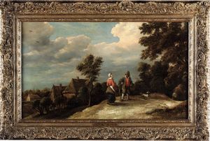 Thomas Van Apshoven - Paesaggio con viandanti sullo sfondo di un villaggio
