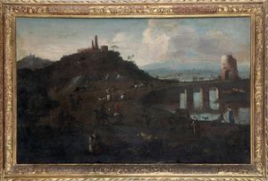 Christian Reder detto Monsù Leandro - Paesaggio con personaggi in riva al fiume e cittadella sullo sfondo