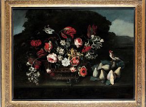 Scuola del XVIII secolo Natura morta con cesto di fiori e uccellino  - Asta Dipinti antichi - Associazione Nazionale - Case d'Asta italiane