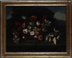 Scuola del XVIII secolo Natura morta con cesto di fiori e uccellino  - Asta Dipinti antichi - Associazione Nazionale - Case d'Asta italiane