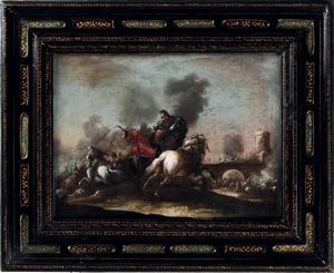 Antonio Calza, Attribuito a : Scontro di cavalleria tra cristiani e turchi  - Asta Dipinti antichi - Associazione Nazionale - Case d'Asta italiane