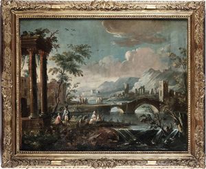 Scuola veneta del XVIII secolo Paesaggi con viandanti e architetture  - Asta Dipinti antichi - Associazione Nazionale - Case d'Asta italiane
