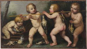 Scuola rudolfina del XVII secolo Giochi di putti  - Asta Dipinti antichi - Associazione Nazionale - Case d'Asta italiane