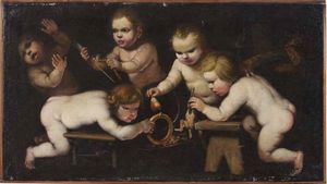 Scuola rudolfina del XVII secolo Giochi di putti  - Asta Dipinti antichi - Associazione Nazionale - Case d'Asta italiane