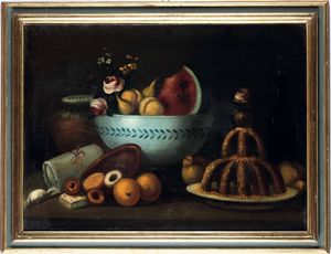 Scuola del XVIII secolo Nature morte con composizioni di frutti, vasellame e fiori  - Asta Dipinti antichi - Associazione Nazionale - Case d'Asta italiane
