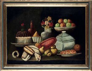 Scuola del XVIII secolo Nature morte con composizioni di frutti, vasellame e fiori  - Asta Dipinti antichi - Associazione Nazionale - Case d'Asta italiane