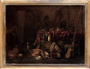 Gian Domenico Valentino - Scena di interno con natura morta di pentole in rame, drappi e strumenti musicali