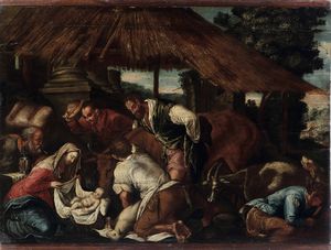 Jacopo Da Ponte detto Jacopo Bassano, nei modi di : Adorazione dei pastori  - Asta Dipinti antichi - Associazione Nazionale - Case d'Asta italiane