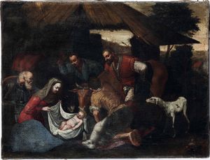 Jacopo Da Ponte detto Jacopo Bassano, Scuola di : Adorazione dei pastori  - Asta Dipinti antichi - Associazione Nazionale - Case d'Asta italiane