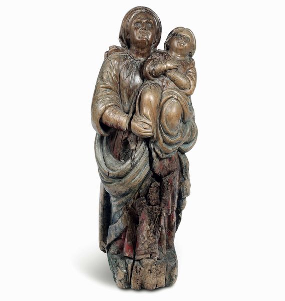 Polena in legno raffigurante Sant'Anna e Maria Bambina. XVII-XVIII secolo  - Asta Dimore italiane - Associazione Nazionale - Case d'Asta italiane