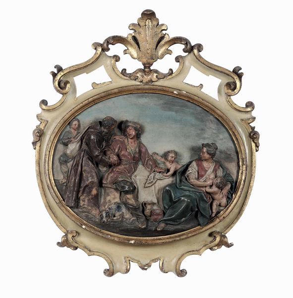 Serie di quattro placche ovali in terracotta a rilievo dipinta con scene bucoliche. Bologna XVIII secolo  - Asta Dimore italiane - Associazione Nazionale - Case d'Asta italiane