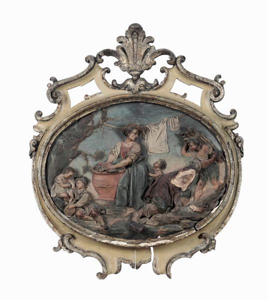 Serie di quattro placche ovali in terracotta a rilievo dipinta con scene bucoliche. Bologna XVIII secolo  - Asta Dimore italiane - Associazione Nazionale - Case d'Asta italiane
