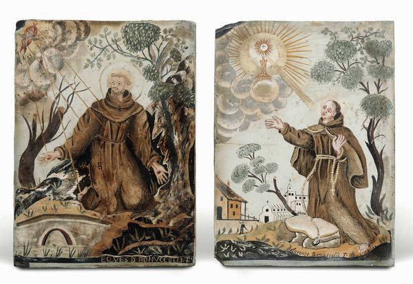 Coppia di scagliole policrome su ardesia raffiguranti S.Francesco che riceve le stimmate e Santo francescano. Firmate Lorenzo Bonuccelli. Toscana XVIII secolo  - Asta Dimore italiane - Associazione Nazionale - Case d'Asta italiane
