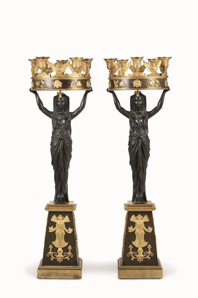 Coppia grandi di candelabri Retour dEgypte in bronzo dorato e patinato. Toscana XIX secolo  - Asta Dimore italiane - Associazione Nazionale - Case d'Asta italiane