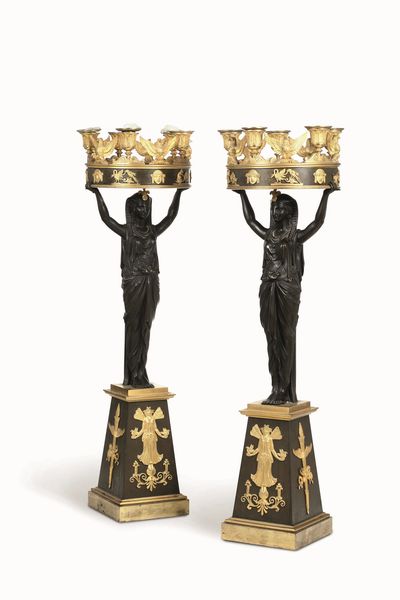 Coppia grandi di candelabri Retour dEgypte in bronzo dorato e patinato. Toscana XIX secolo  - Asta Dimore italiane - Associazione Nazionale - Case d'Asta italiane