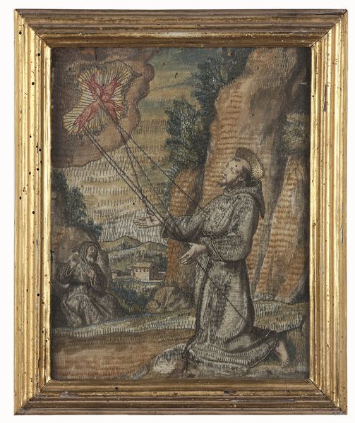 Antico ricamo, XVII secolo San Francesco che riceve le stigmate al santuario della Verna  - Asta Dimore italiane - Associazione Nazionale - Case d'Asta italiane