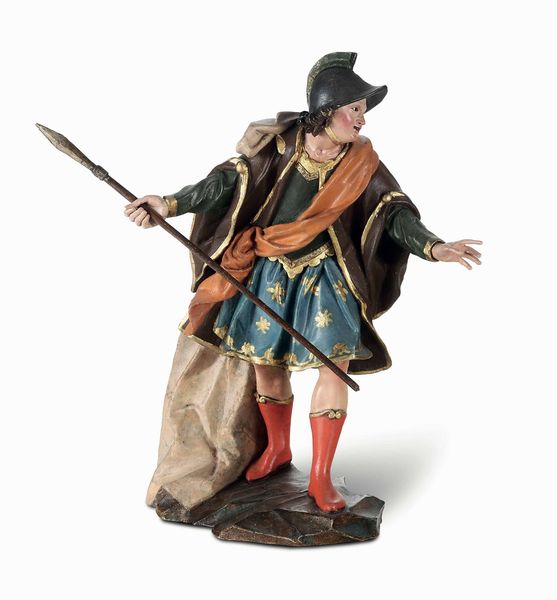 Scultura in legno policromo raffigurante armigero. XVIII-XIX secolo  - Asta Dimore italiane - Associazione Nazionale - Case d'Asta italiane
