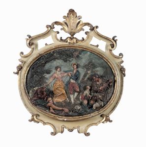 Serie di quattro placche ovali in terracotta a rilievo dipinta con scene bucoliche. Bologna XVIII secolo  - Asta Dimore italiane - Associazione Nazionale - Case d'Asta italiane