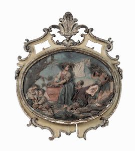Serie di quattro placche ovali in terracotta a rilievo dipinta con scene bucoliche. Bologna XVIII secolo  - Asta Dimore italiane - Associazione Nazionale - Case d'Asta italiane