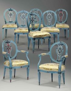Set composto da sei sedie e due poltrone in legno laccato. Toscana XVIII secolo  - Asta Dimore italiane - Associazione Nazionale - Case d'Asta italiane
