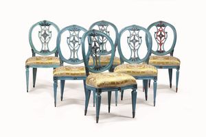 Set composto da sei sedie e due poltrone in legno laccato. Toscana XVIII secolo  - Asta Dimore italiane - Associazione Nazionale - Case d'Asta italiane