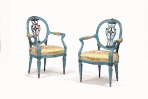 Set composto da sei sedie e due poltrone in legno laccato. Toscana XVIII secolo  - Asta Dimore italiane - Associazione Nazionale - Case d'Asta italiane