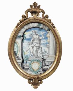 Sei ambrogette con cornici dorate<BR>Pavia, Manifattura Carlo Giuseppe Rampini, dipinte da Siro Antonio Africa, <BR>1680-1700<BR>  - Asta Dimore italiane - Associazione Nazionale - Case d'Asta italiane