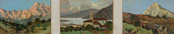 Giovanni Lomi : Trittico 'Trittico ' : Montagne al tramonto - Chiesetta sul lago - Cime innevate  - Asta Arte Moderna e Contemporanea - Associazione Nazionale - Case d'Asta italiane
