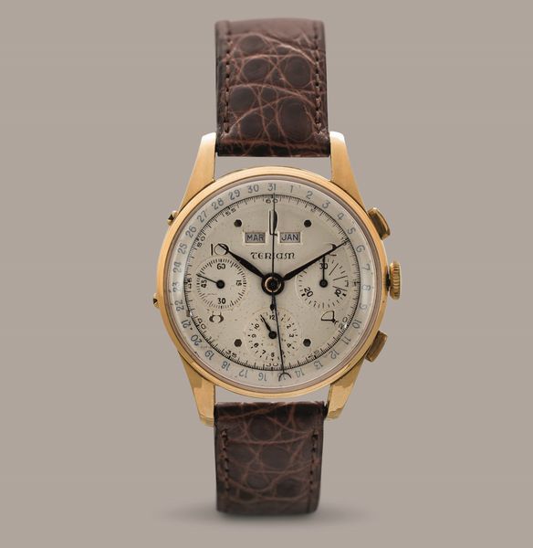 TERIAM - Dato Compax in oro giallo 18k, cronografo tre contatori tasti quadri, triplo calendario, quadrante Argent�, movimento a carica manuale  - Asta Orologio da polso e da tasca  - Associazione Nazionale - Case d'Asta italiane