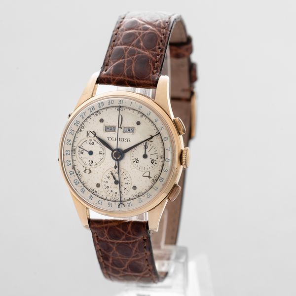 TERIAM - Dato Compax in oro giallo 18k, cronografo tre contatori tasti quadri, triplo calendario, quadrante Argent�, movimento a carica manuale  - Asta Orologio da polso e da tasca  - Associazione Nazionale - Case d'Asta italiane