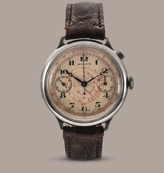 ROLEX - Rarissimo cronografo due contatori da polso monopulsante in acciaio referenza 2021 con fondello a cerniera, anse solidali, quadrante Argent� con scala tachimetrica e telemetrica  - Asta Orologio da polso e da tasca  - Associazione Nazionale - Case d'Asta italiane