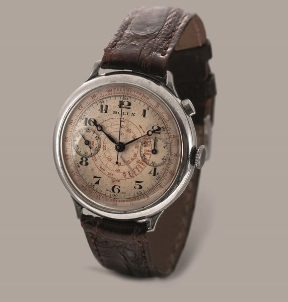 ROLEX - Rarissimo cronografo due contatori da polso monopulsante in acciaio referenza 2021 con fondello a cerniera, anse solidali, quadrante Argent� con scala tachimetrica e telemetrica  - Asta Orologio da polso e da tasca  - Associazione Nazionale - Case d'Asta italiane