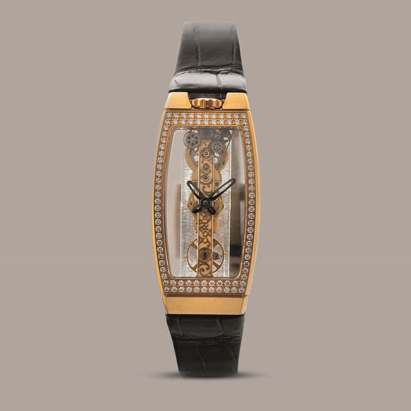 CORUM - Golden Bridge in oro rosa 18k con pav� di brillanti, movimento a vista disposto su ponte verticale a carica manuale, mai indossato con scatola e garanzia  - Asta Orologio da polso e da tasca  - Associazione Nazionale - Case d'Asta italiane