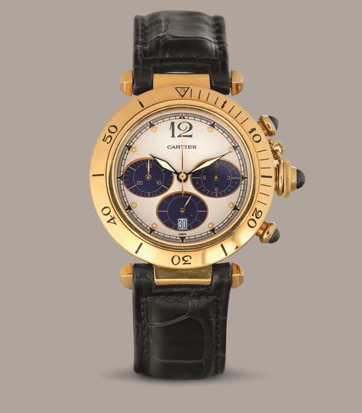 CARTIER - Pasha Chrono tre contatori, cassa in oro giallo 18k, quadrante Argent� con datario e ghiera girevole, movimento al quarzo  - Asta Orologio da polso e da tasca  - Associazione Nazionale - Case d'Asta italiane