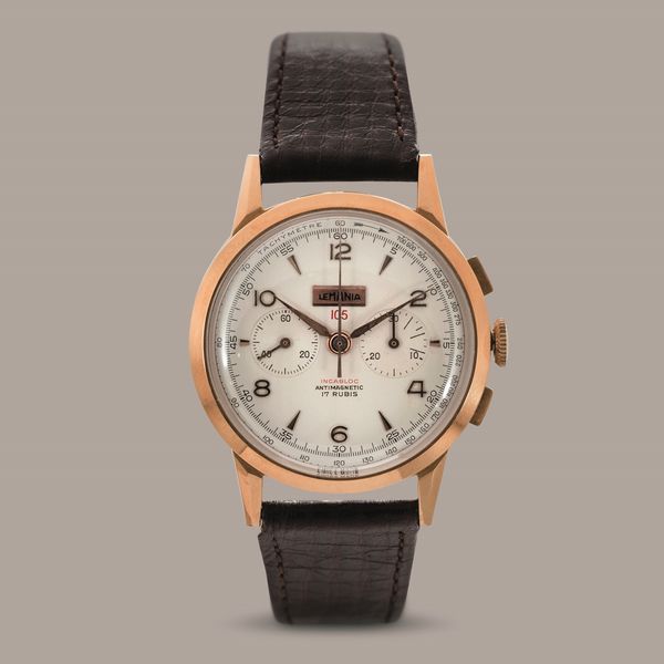 LEMANIA - Cronografo due contatori in oro rosa 18k, tasti quadri, quadrante Argent� con logo applicato, indici e numeri Arabi applicati, carica manuale  - Asta Orologio da polso e da tasca  - Associazione Nazionale - Case d'Asta italiane
