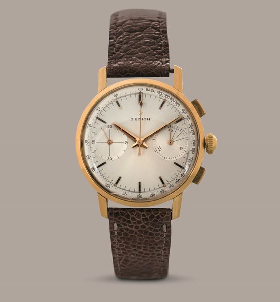 ZENITH - Cronografo due contatori tasti quadri in oro giallo 18k, quuadrante Argent� carica manuale  - Asta Orologio da polso e da tasca  - Associazione Nazionale - Case d'Asta italiane