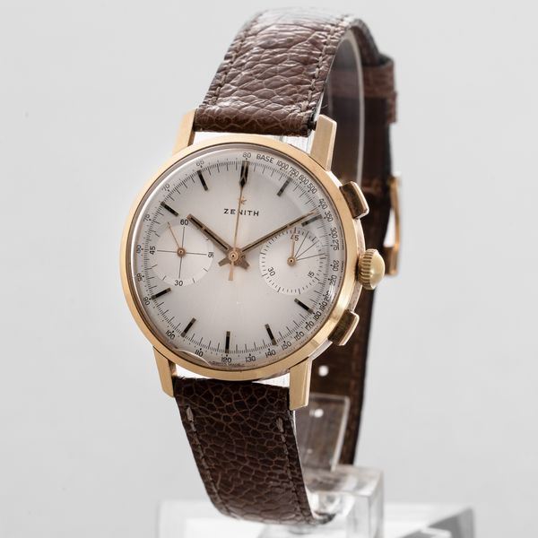 ZENITH - Cronografo due contatori tasti quadri in oro giallo 18k, quuadrante Argent� carica manuale  - Asta Orologio da polso e da tasca  - Associazione Nazionale - Case d'Asta italiane